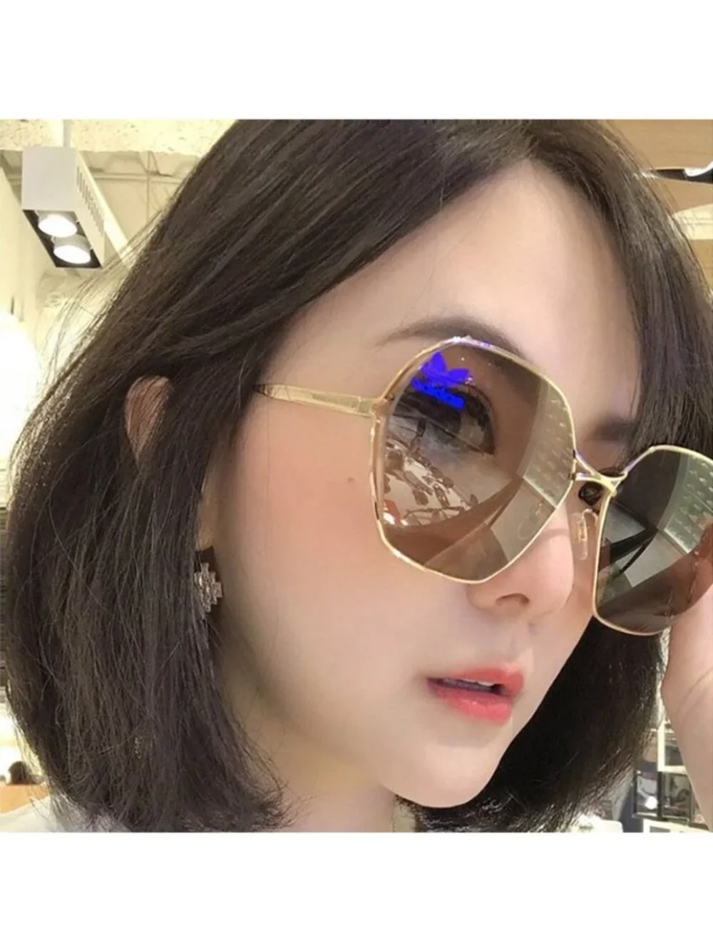 Gucci GG0818SA 002 Sunglasses Gold Geometric Frame, Brown Lenses